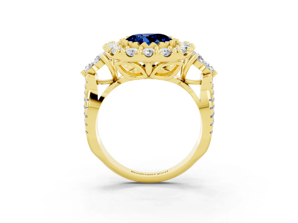 Yellow gold Round Cut Blue Sapphire Halo Ring with Pavé Band and Four-Prong Setting