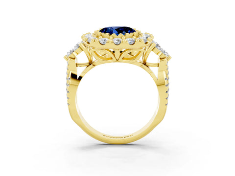 Yellow gold Round Cut Blue Sapphire Halo Ring with Pavé Band and Four-Prong Setting_15
