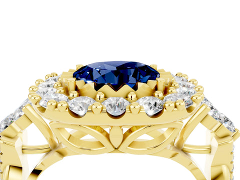 Yellow gold Round Cut Blue Sapphire Halo Ring with Pavé Band and Four-Prong Setting_16