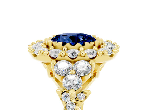 Yellow gold Round Cut Blue Sapphire Halo Ring with Pavé Band and Four-Prong Setting_17