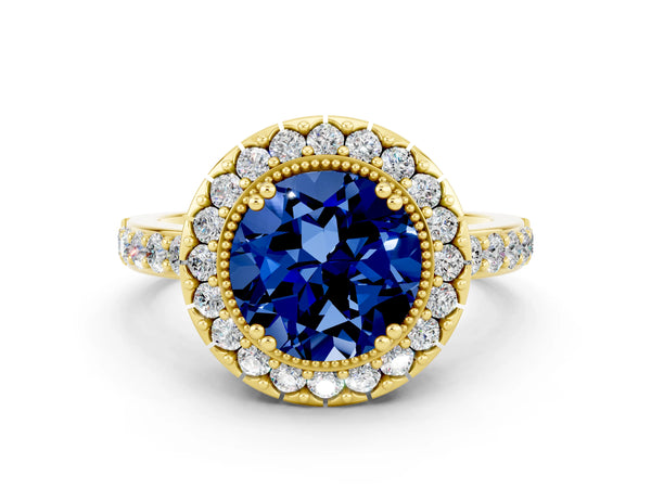 Yellow gold Round Cut Blue Sapphire Halo Ring with Pavé Band and Prong Setting