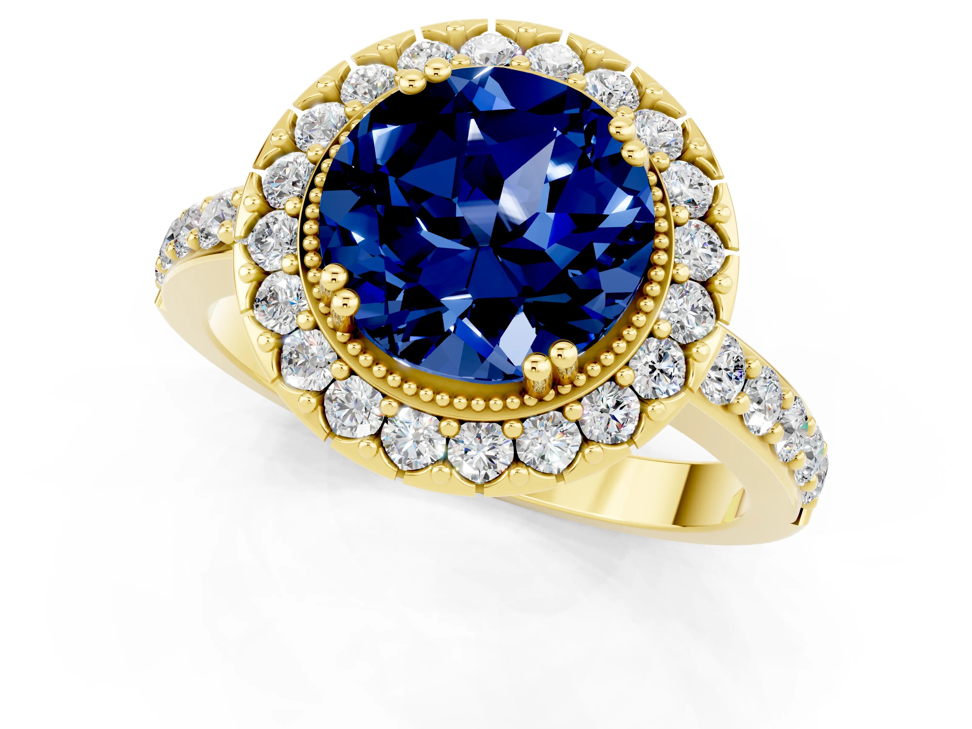 Yellow gold Round Cut Blue Sapphire Halo Ring with Pavé Band and Prong Setting_1