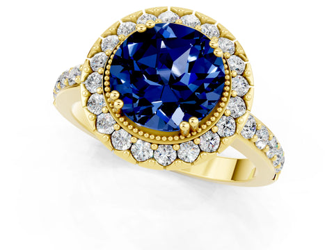 Yellow gold Round Cut Blue Sapphire Halo Ring with Pavé Band and Prong Setting_1
