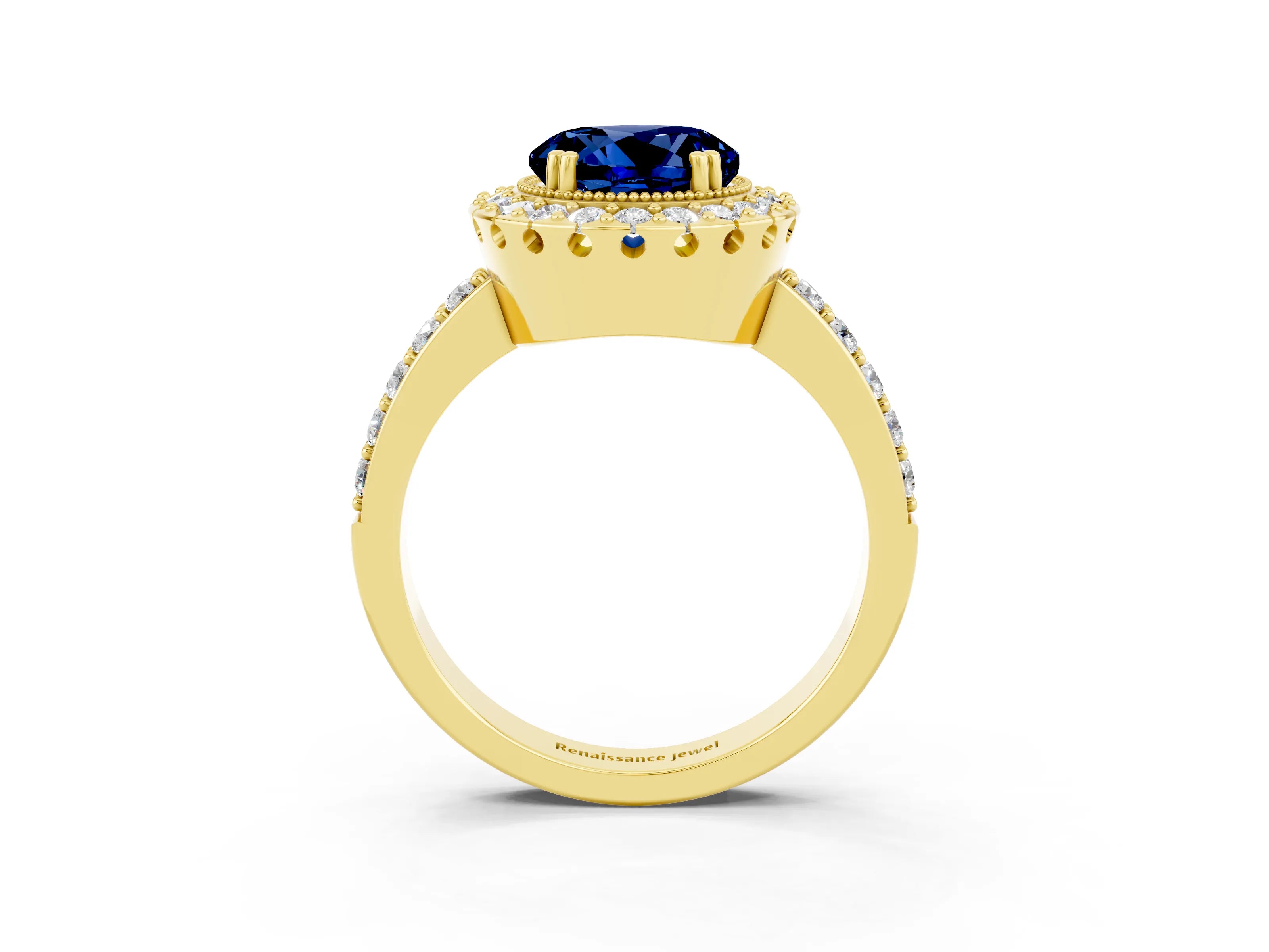 Yellow gold Round Cut Blue Sapphire Halo Ring with Pavé Band and Prong Setting_3
