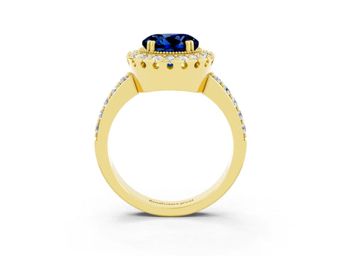 Yellow gold Round Cut Blue Sapphire Halo Ring with Pavé Band and Prong Setting_3