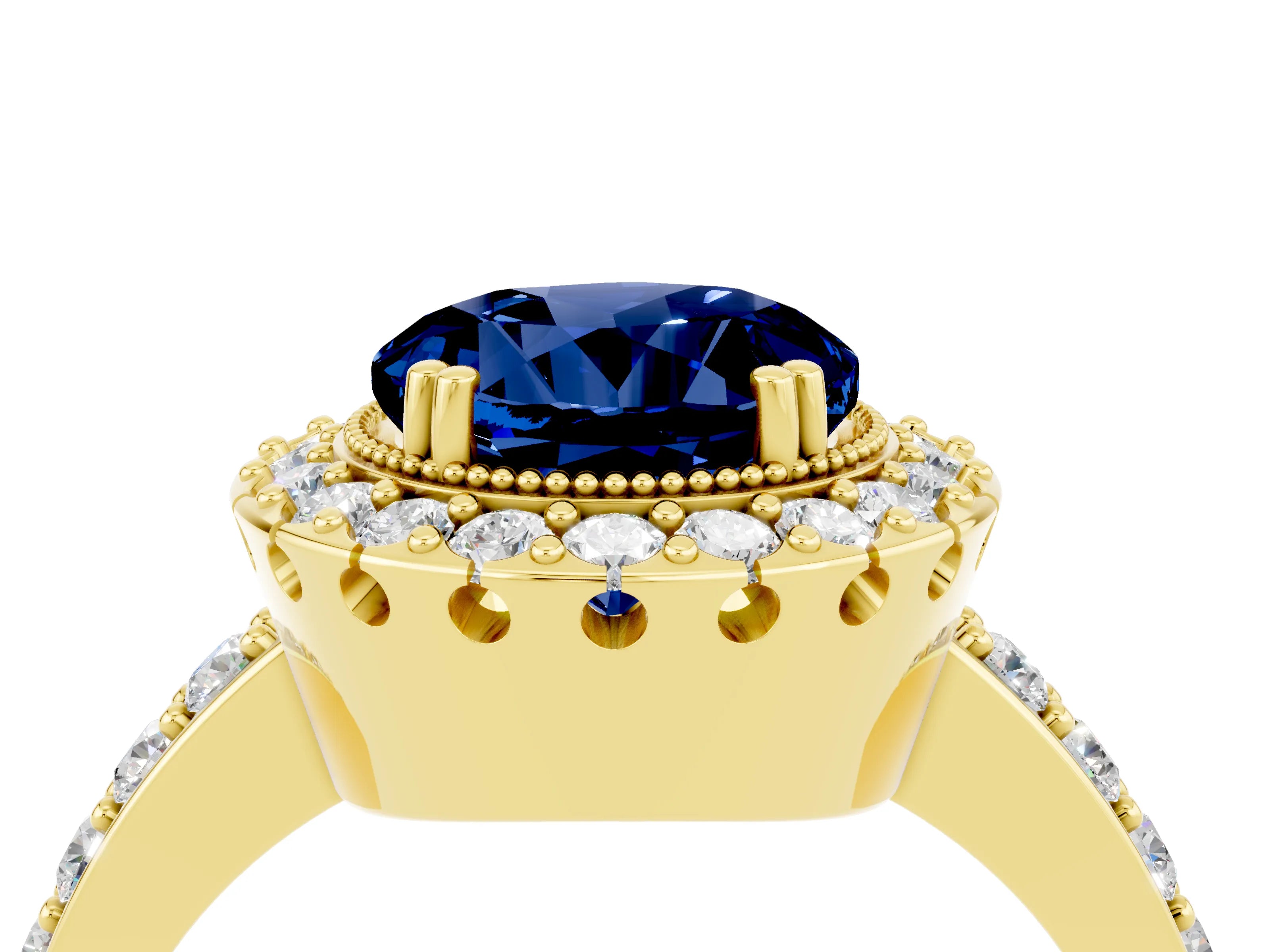 Yellow gold Round Cut Blue Sapphire Halo Ring with Pavé Band and Prong Setting_4