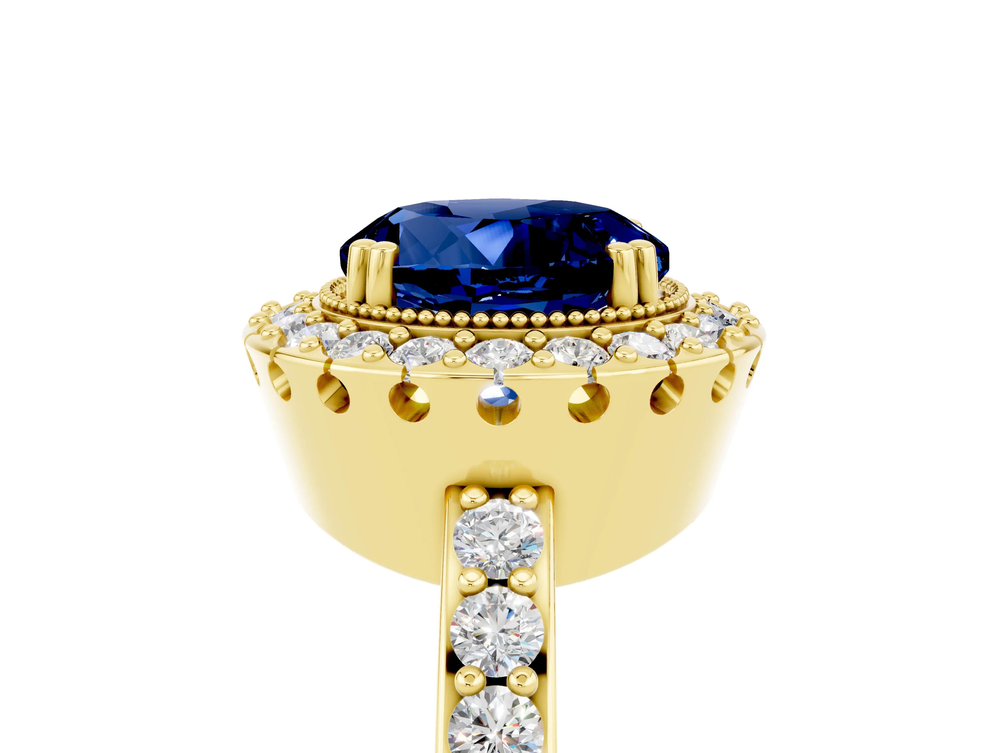 Yellow gold Round Cut Blue Sapphire Halo Ring with Pavé Band and Prong Setting_5