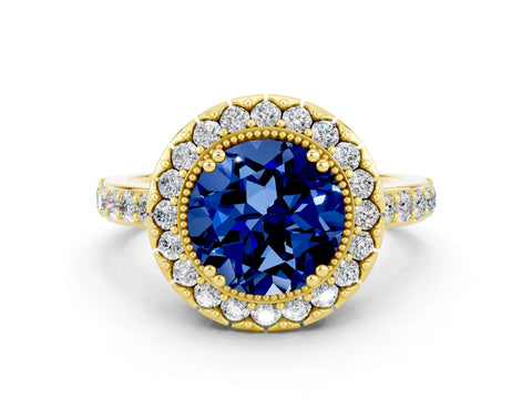 Yellow gold Round Cut Blue Sapphire Halo Ring with Pavé Band and Prong Setting