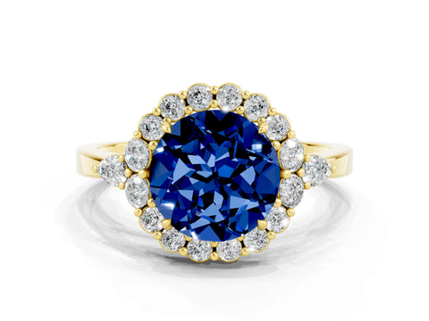 Yellow gold Round Cut Blue Sapphire Halo Ring with Pear Side Stones and Prong Setting_12