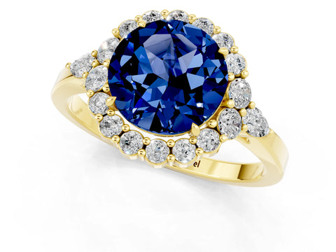 Yellow gold Round Cut Blue Sapphire Halo Ring with Pear Side Stones and Prong Setting_13