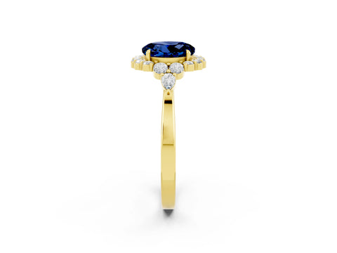 Yellow gold Round Cut Blue Sapphire Halo Ring with Pear Side Stones and Prong Setting_14