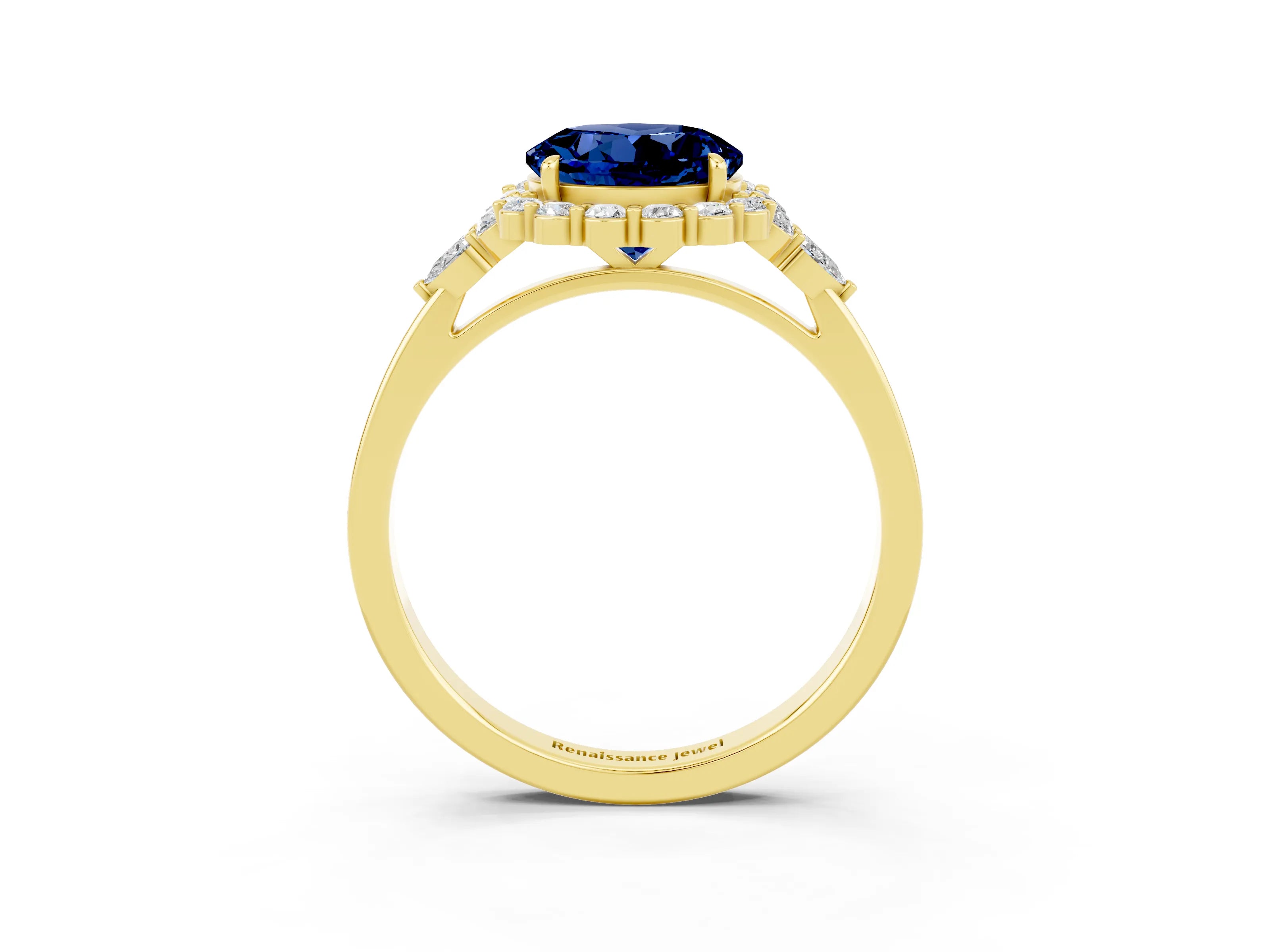 Yellow gold Round Cut Blue Sapphire Halo Ring with Pear Side Stones and Prong Setting_15