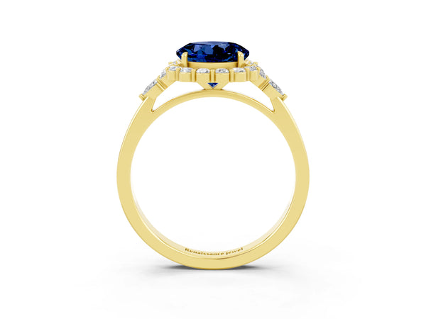 Yellow gold Round Cut Blue Sapphire Halo Ring with Pear Side Stones and Prong Setting