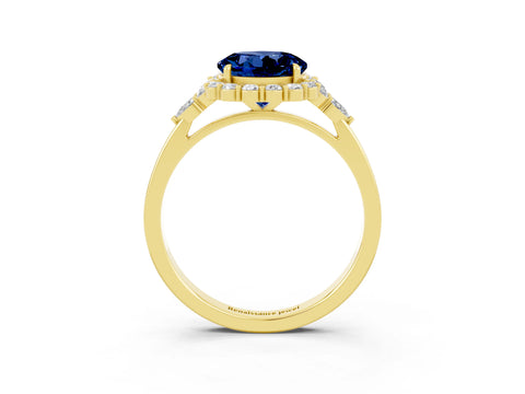 Yellow gold Round Cut Blue Sapphire Halo Ring with Pear Side Stones and Prong Setting_15