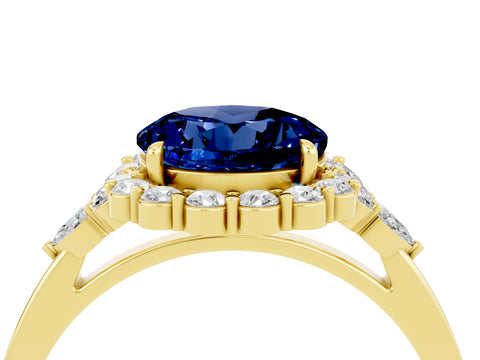 Yellow gold Round Cut Blue Sapphire Halo Ring with Pear Side Stones and Prong Setting_16