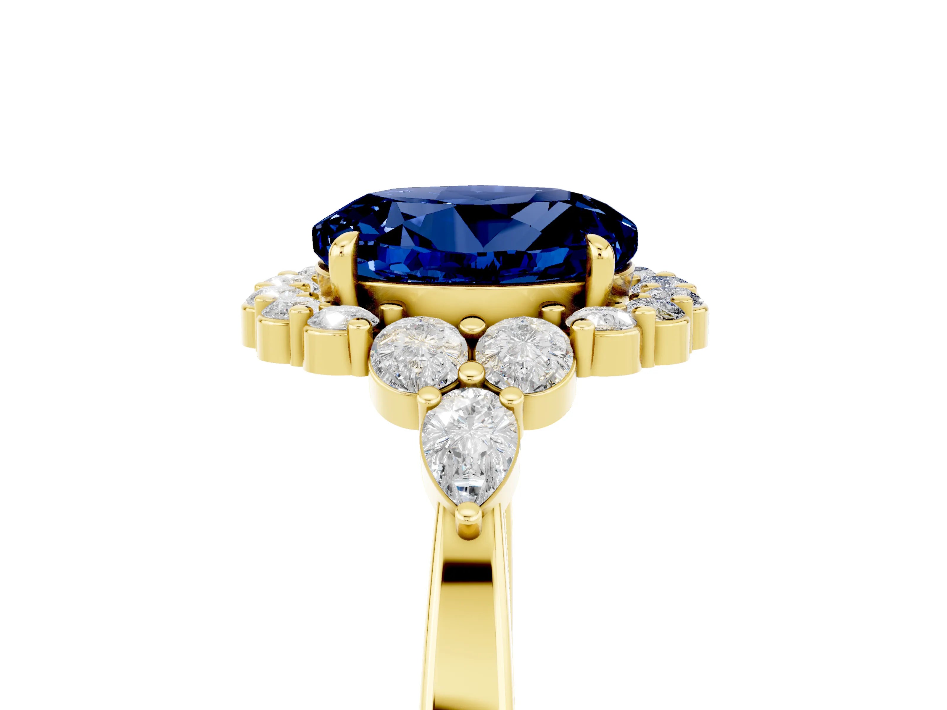 Yellow gold Round Cut Blue Sapphire Halo Ring with Pear Side Stones and Prong Setting_17