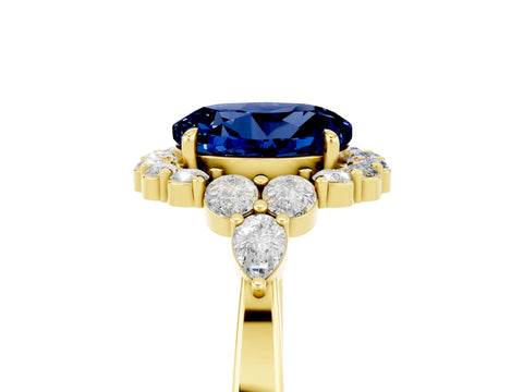 Yellow gold Round Cut Blue Sapphire Halo Ring with Pear Side Stones and Prong Setting_17