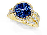 Yellow gold Round Cut Blue Sapphire Halo Ring with Round Split Shank and Prong Setting_49