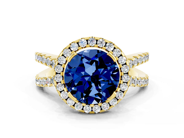 Yellow gold Round Cut Blue Sapphire Halo Ring with Split Shank Pavé Band and Prong Setting