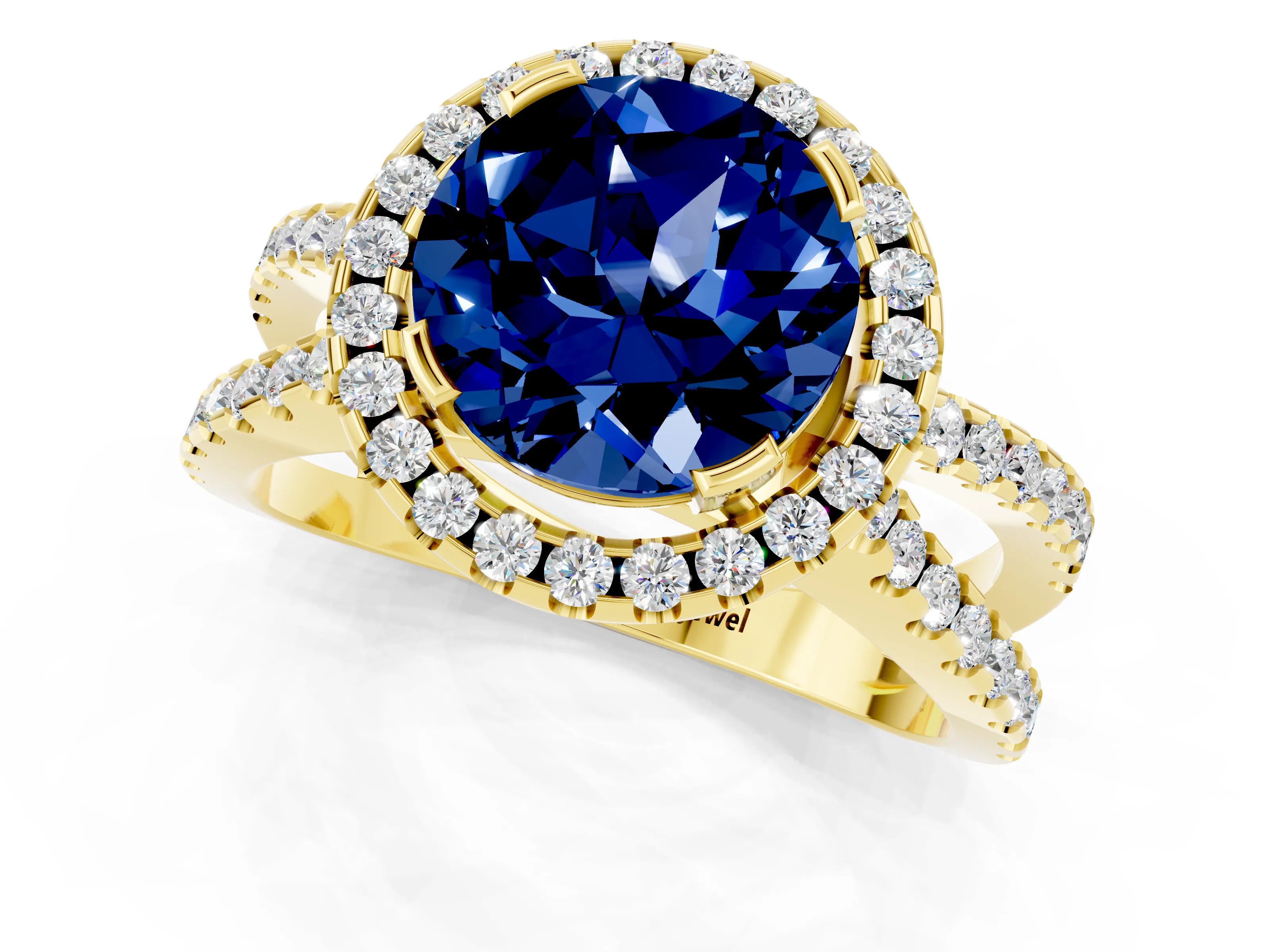 Yellow gold Round Cut Blue Sapphire Halo Ring with Split Shank Pavé Band and Prong Setting_1