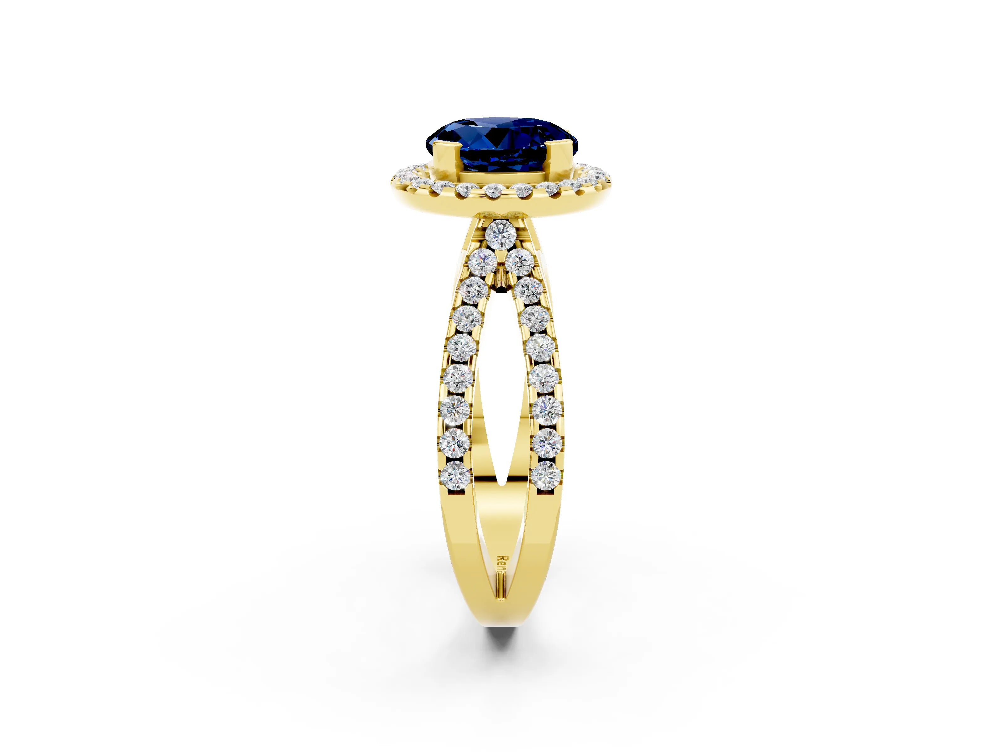 Yellow gold Round Cut Blue Sapphire Halo Ring with Split Shank Pavé Band and Prong Setting_2