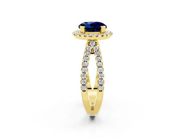 Yellow gold Round Cut Blue Sapphire Halo Ring with Split Shank Pavé Band and Prong Setting