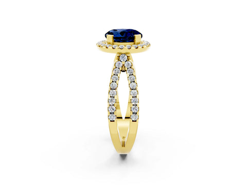 Yellow gold Round Cut Blue Sapphire Halo Ring with Split Shank Pavé Band and Prong Setting_2