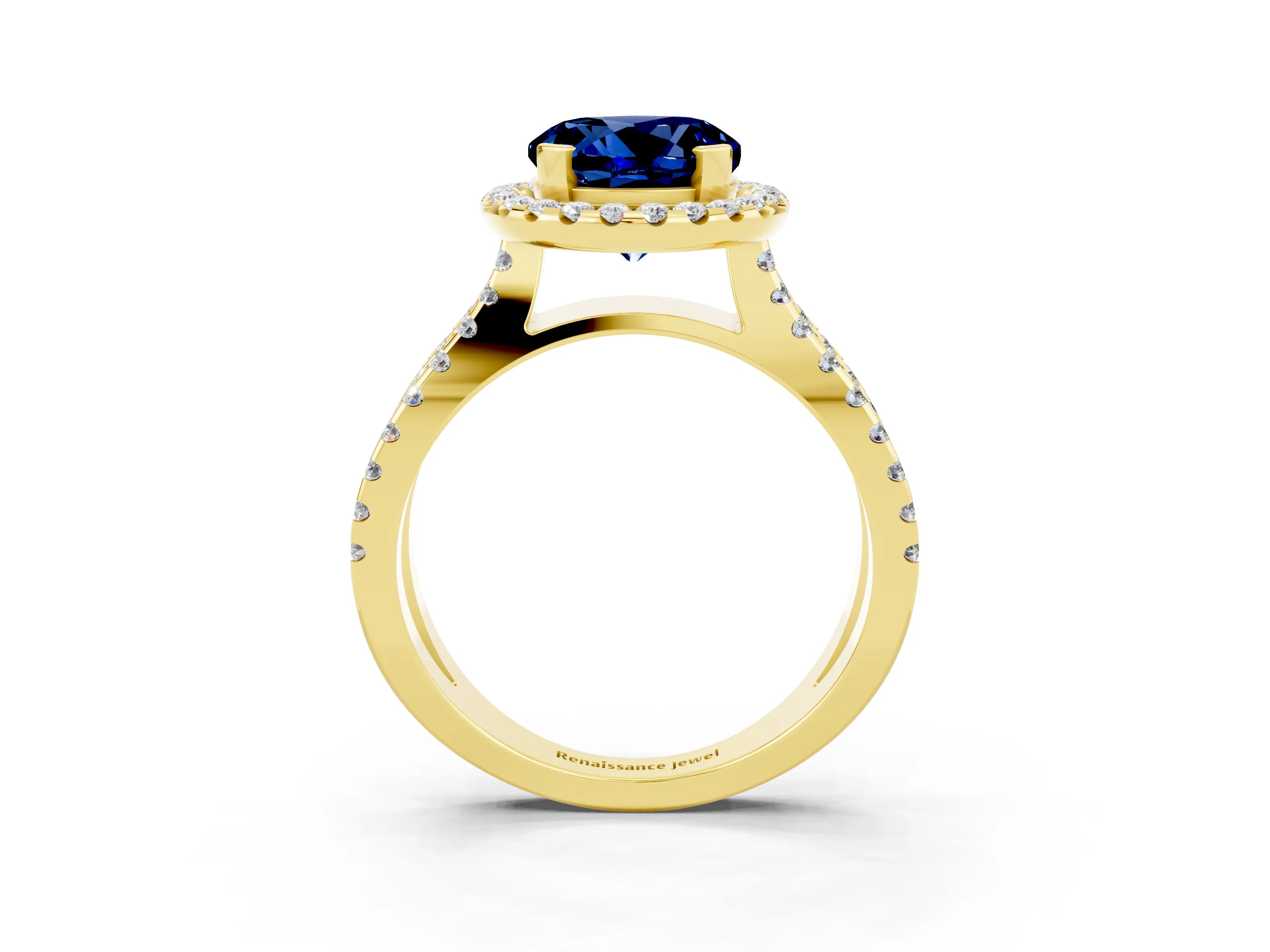 Yellow gold Round Cut Blue Sapphire Halo Ring with Split Shank Pavé Band and Prong Setting_3