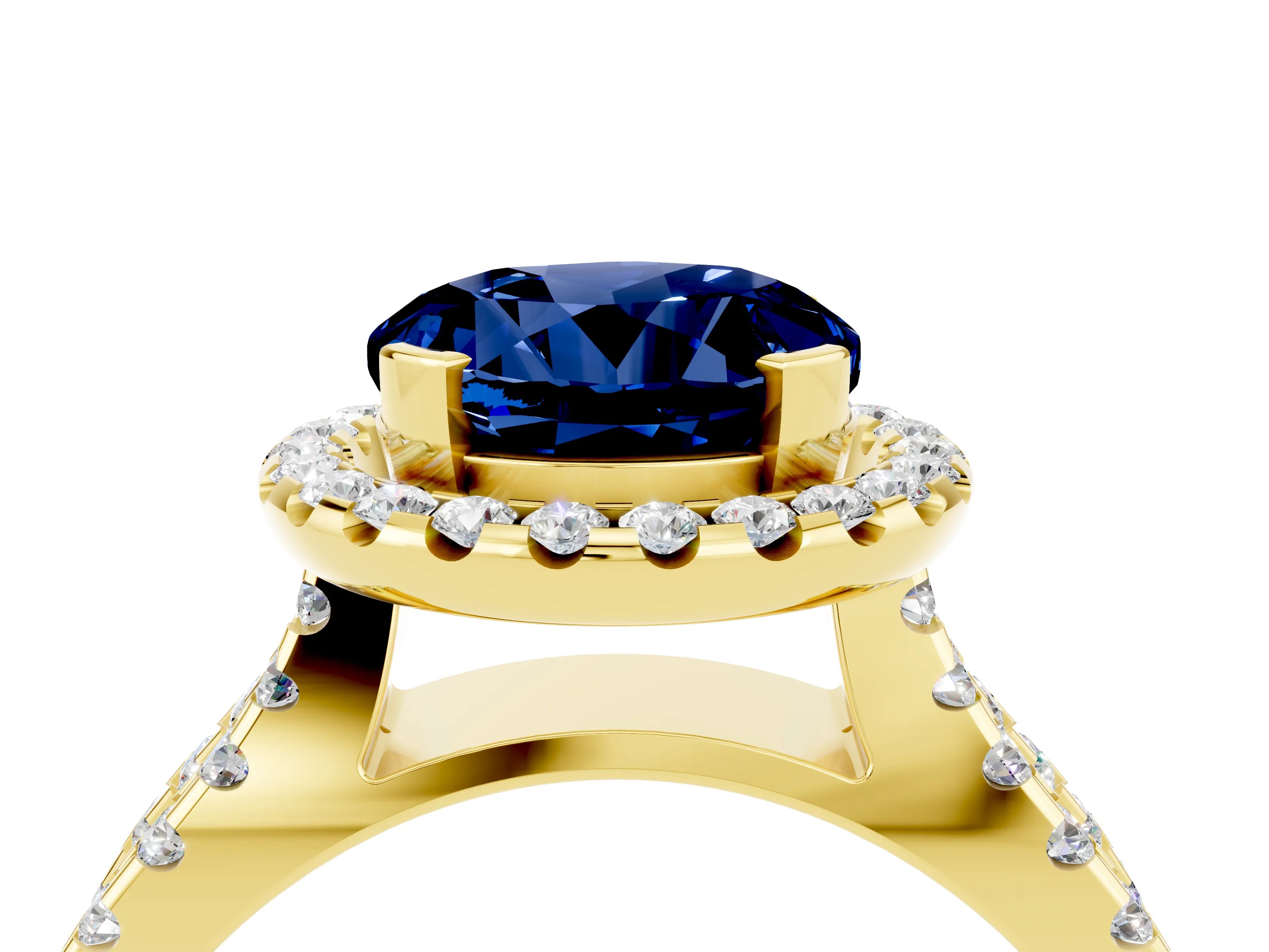 Yellow gold Round Cut Blue Sapphire Halo Ring with Split Shank Pavé Band and Prong Setting_4