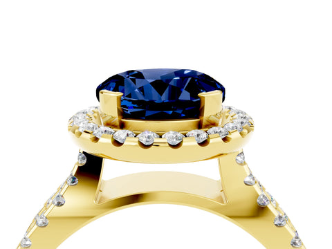 Yellow gold Round Cut Blue Sapphire Halo Ring with Split Shank Pavé Band and Prong Setting_4