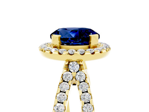 Yellow gold Round Cut Blue Sapphire Halo Ring with Split Shank Pavé Band and Prong Setting_5