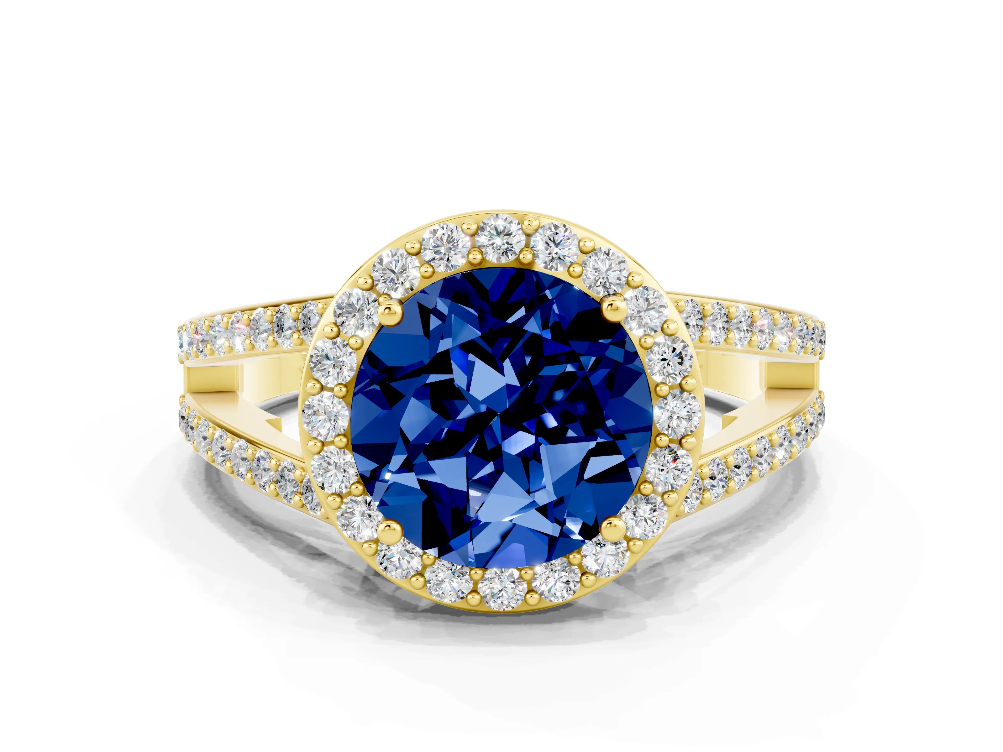 Yellow gold Round Cut Blue Sapphire Halo Ring with Split Shank U-Prong Band and Four-Prong Setting