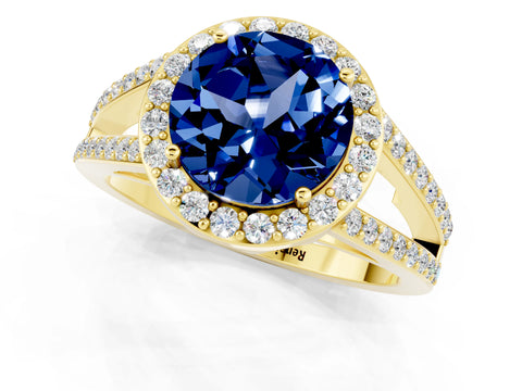 Yellow gold Round Cut Blue Sapphire Halo Ring with Split Shank U-Prong Band and Four-Prong Setting_1