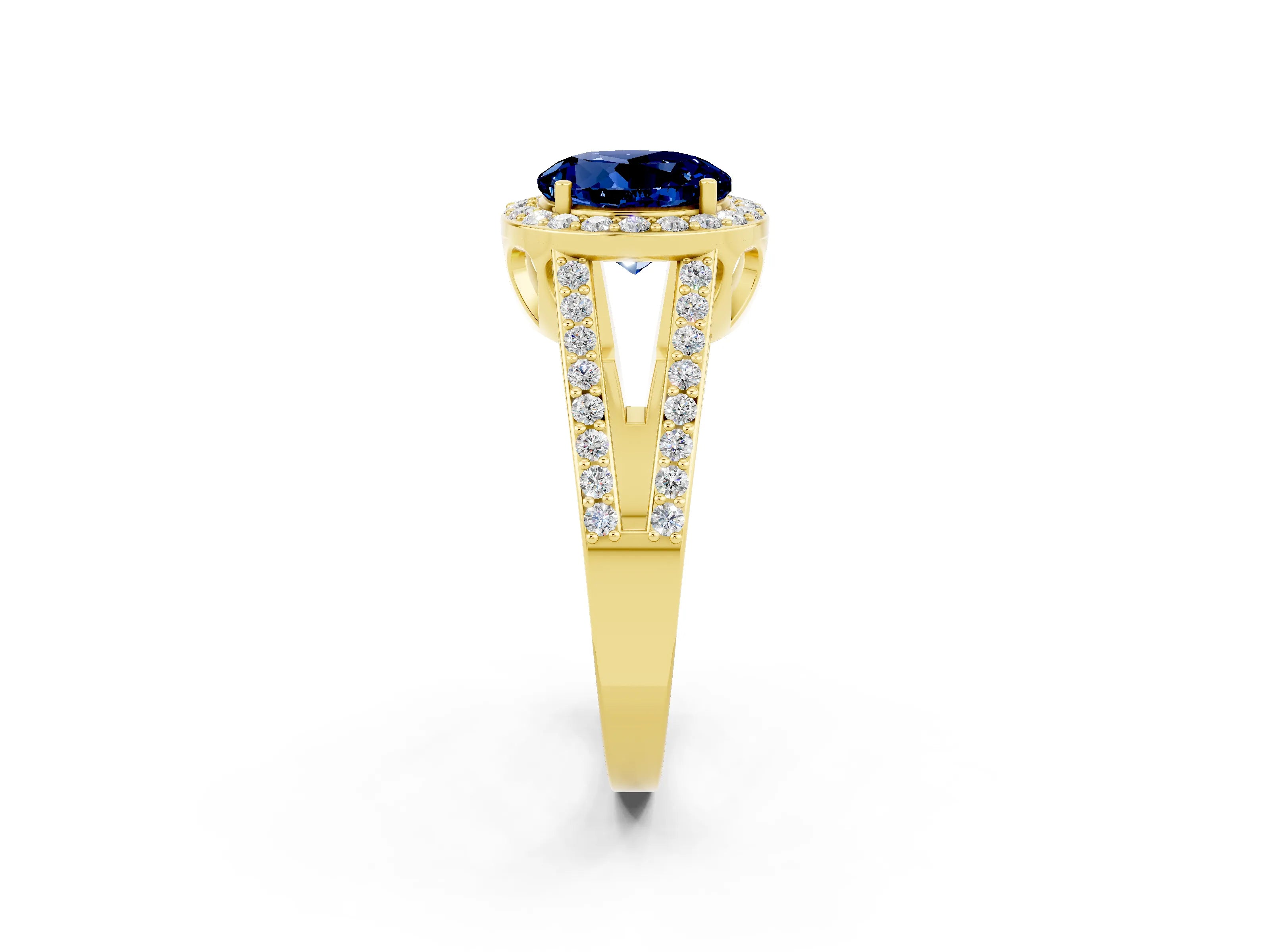 Yellow gold Round Cut Blue Sapphire Halo Ring with Split Shank U-Prong Band and Four-Prong Setting_2