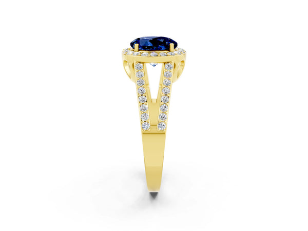 Yellow gold Round Cut Blue Sapphire Halo Ring with Split Shank U-Prong Band and Four-Prong Setting