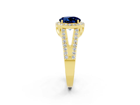 Yellow gold Round Cut Blue Sapphire Halo Ring with Split Shank U-Prong Band and Four-Prong Setting_2