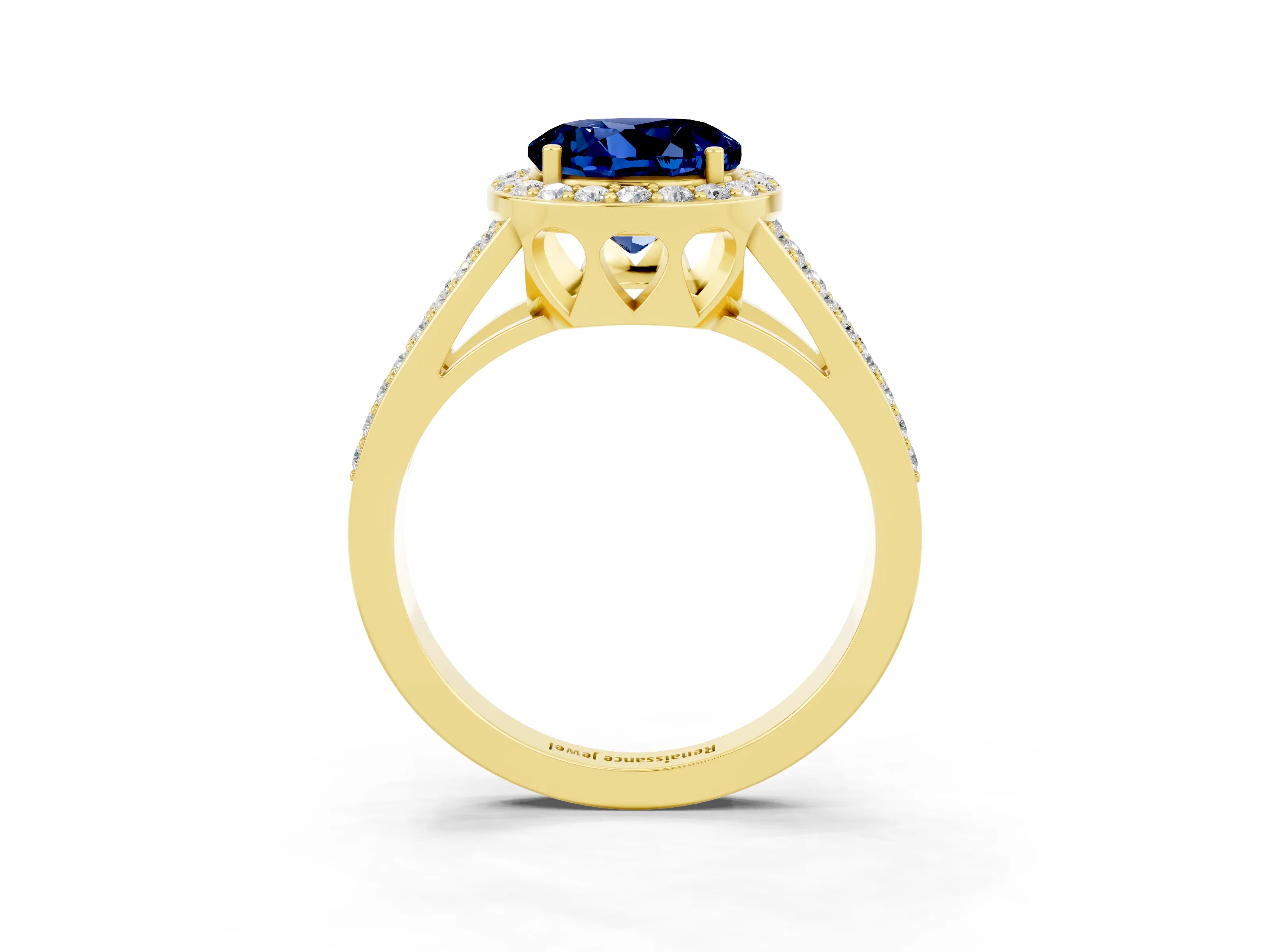 Yellow gold Round Cut Blue Sapphire Halo Ring with Split Shank U-Prong Band and Four-Prong Setting_3
