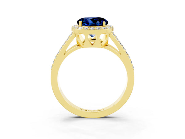 Yellow gold Round Cut Blue Sapphire Halo Ring with Split Shank U-Prong Band and Four-Prong Setting