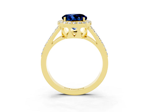 Yellow gold Round Cut Blue Sapphire Halo Ring with Split Shank U-Prong Band and Four-Prong Setting_3