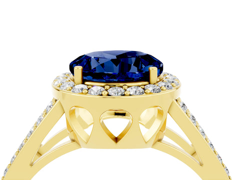 Yellow gold Round Cut Blue Sapphire Halo Ring with Split Shank U-Prong Band and Four-Prong Setting_4