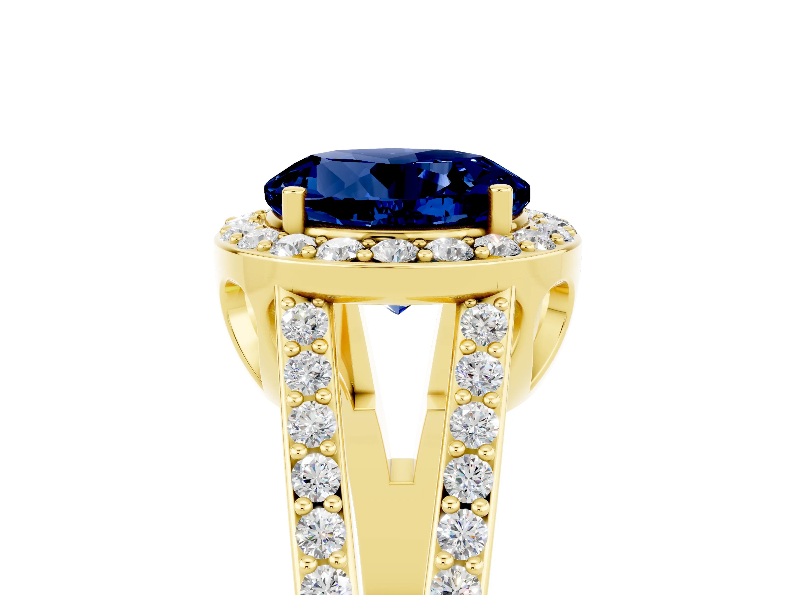 Yellow gold Round Cut Blue Sapphire Halo Ring with Split Shank U-Prong Band and Four-Prong Setting_5