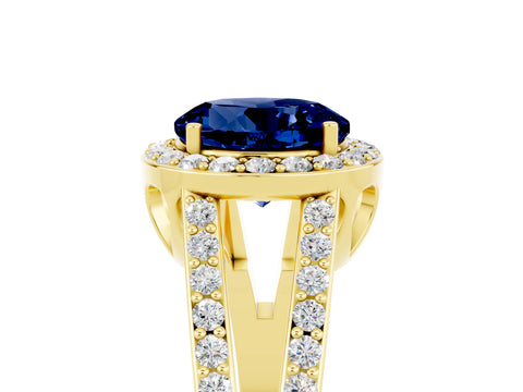 Yellow gold Round Cut Blue Sapphire Halo Ring with Split Shank U-Prong Band and Four-Prong Setting_5