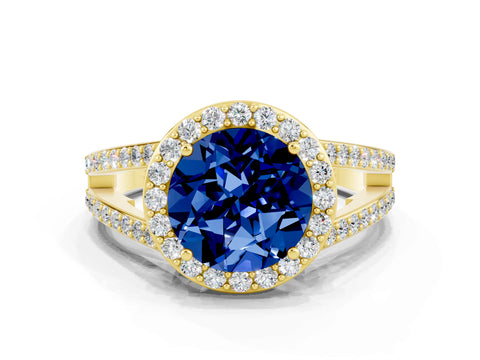 Yellow gold Round Cut Blue Sapphire Halo Ring with Split Shank U-Prong Band and Four-Prong Setting