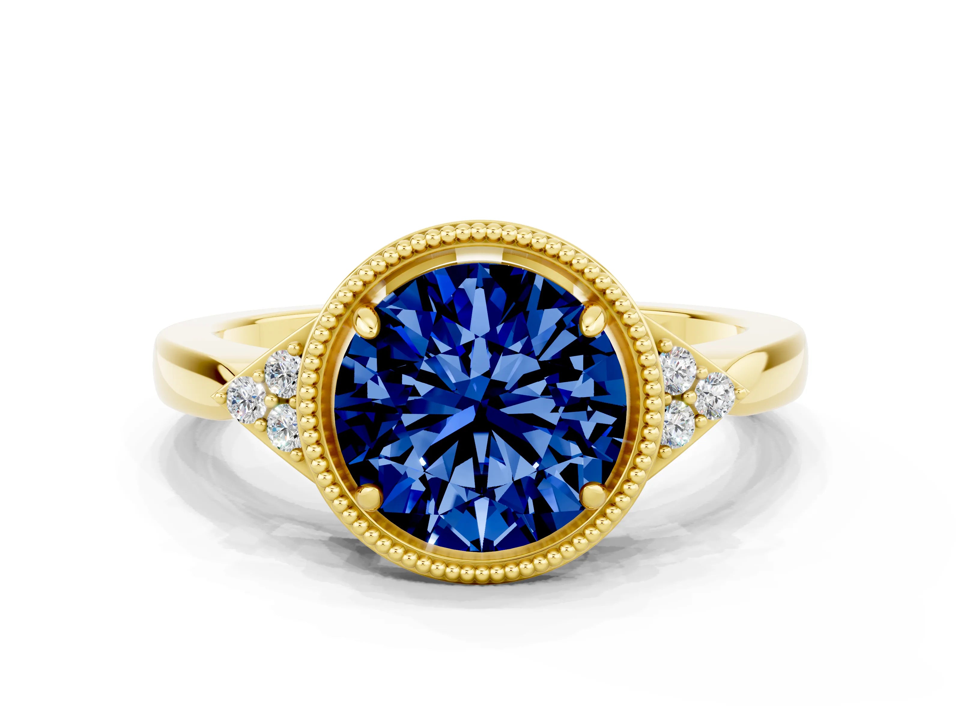 Yellow gold Round Cut Blue Sapphire Halo Ring with Tapered Band and Four-Prong Setting