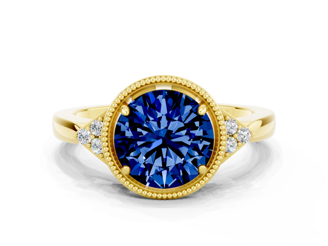 Yellow gold Round Cut Blue Sapphire Halo Ring with Tapered Band and Four-Prong Setting