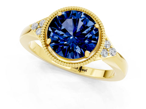 Yellow gold Round Cut Blue Sapphire Halo Ring with Tapered Band and Four-Prong Setting_1