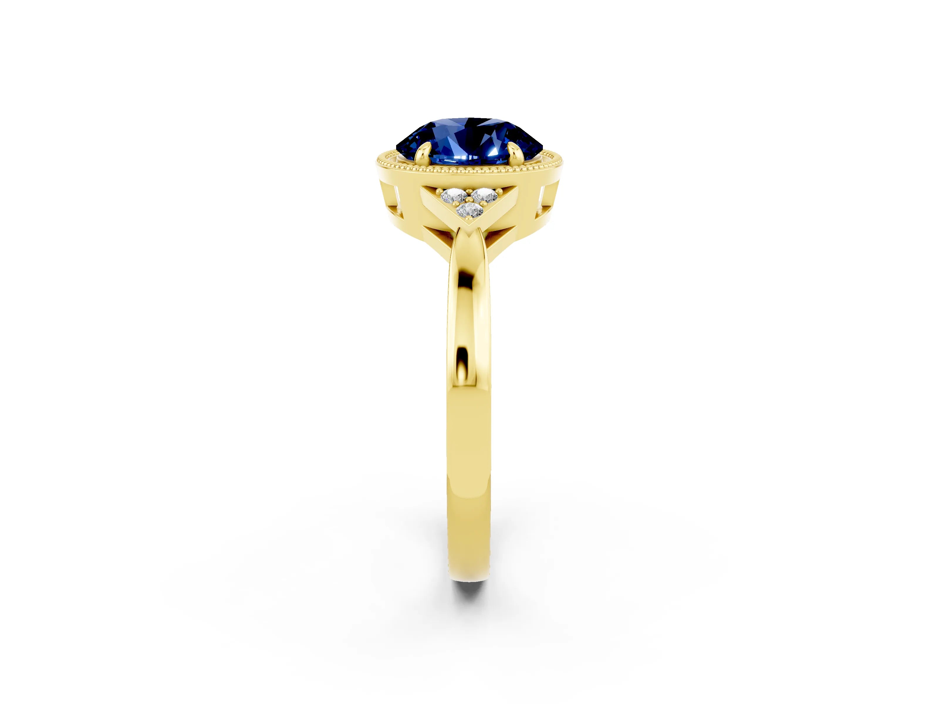 Yellow gold Round Cut Blue Sapphire Halo Ring with Tapered Band and Four-Prong Setting_2