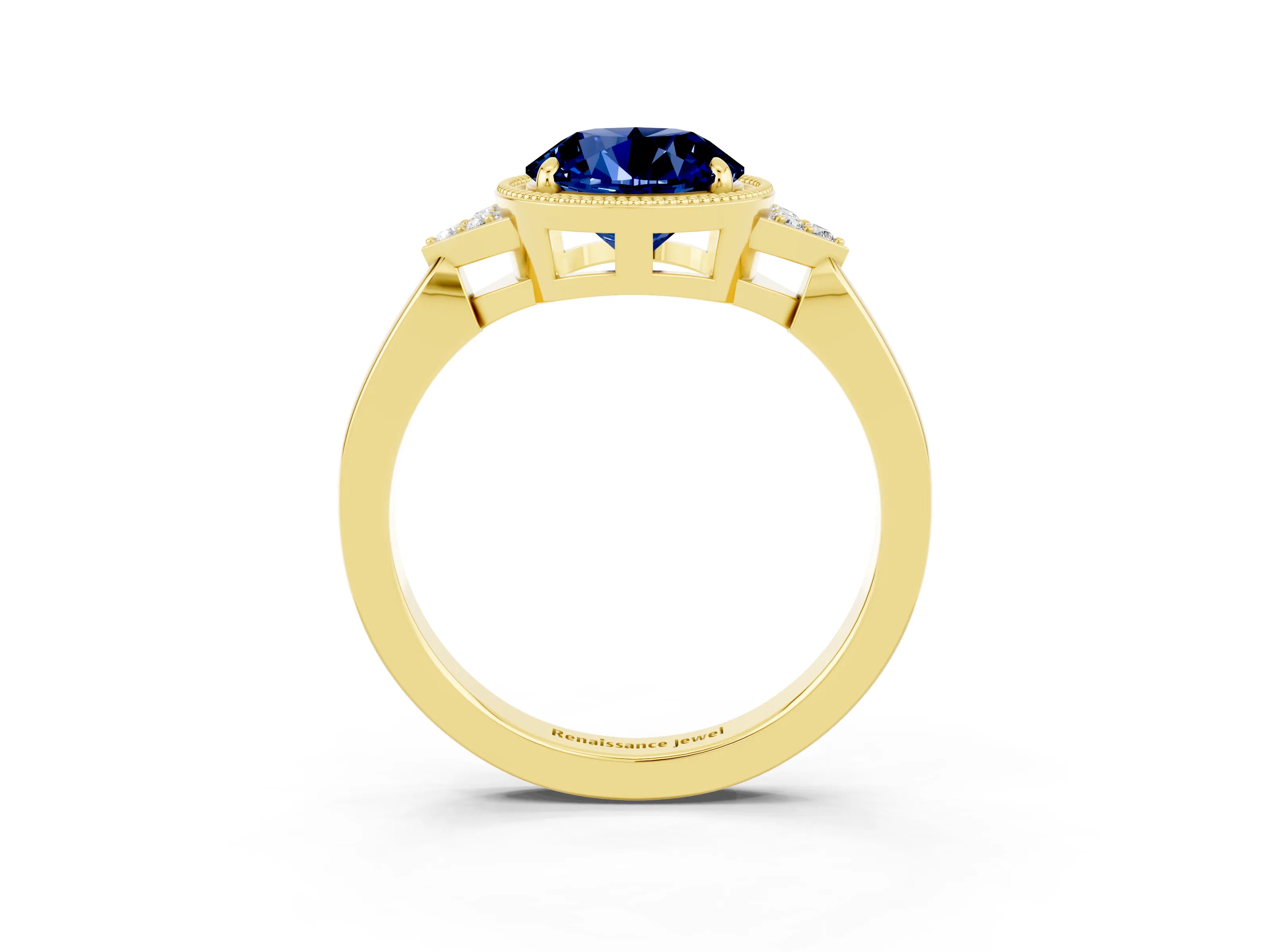 Yellow gold Round Cut Blue Sapphire Halo Ring with Tapered Band and Four-Prong Setting_3