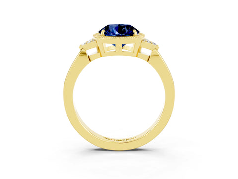 Yellow gold Round Cut Blue Sapphire Halo Ring with Tapered Band and Four-Prong Setting_3