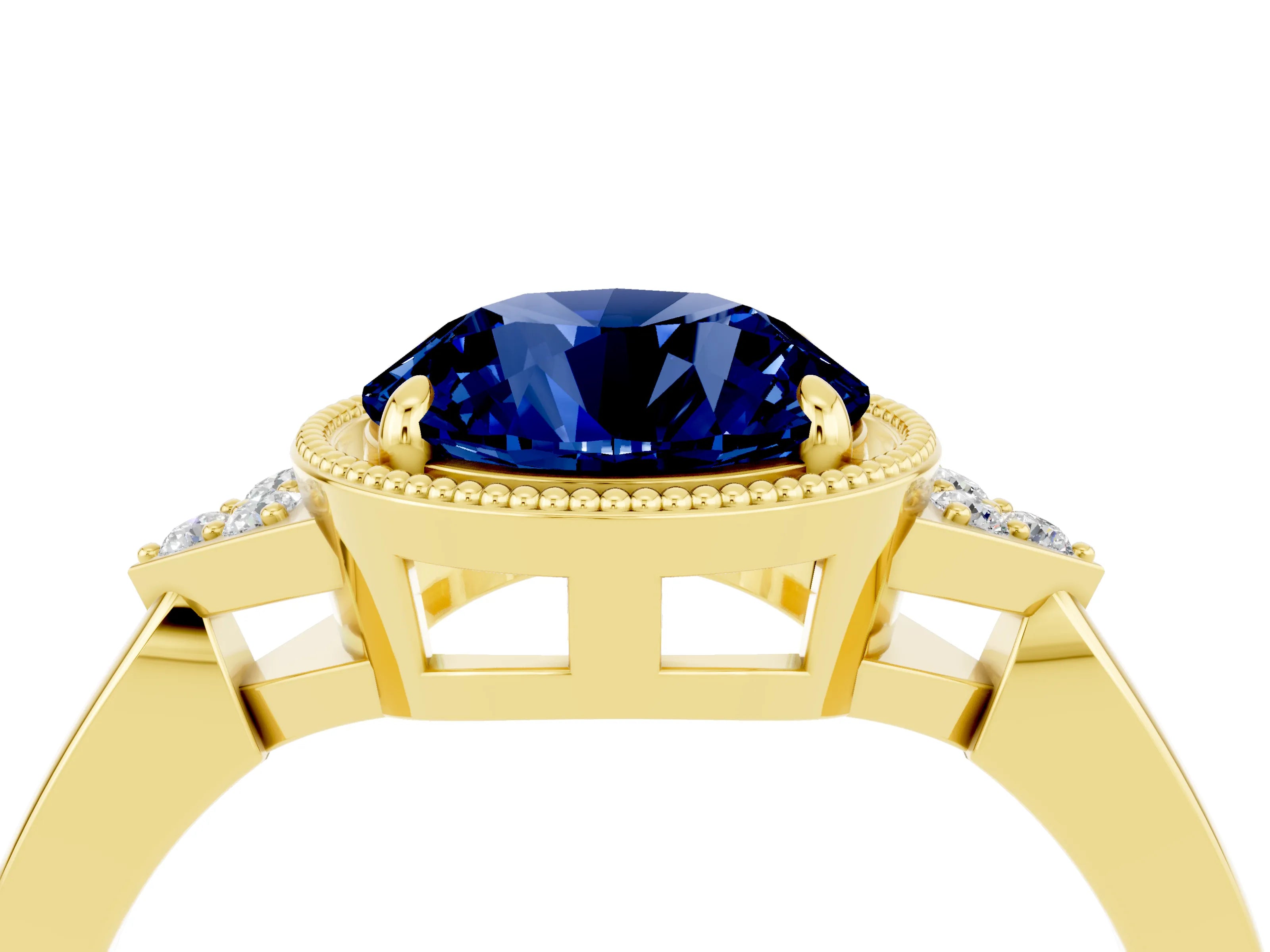 Yellow gold Round Cut Blue Sapphire Halo Ring with Tapered Band and Four-Prong Setting_4